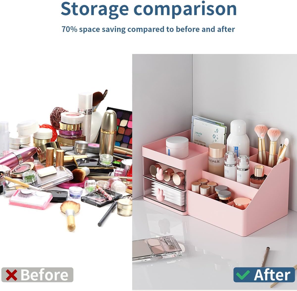 jioko Organizador de maquillaje para tocador de baño, cajón transparente para almacenamiento de cosméticos con soporte para cepillos, encimera de