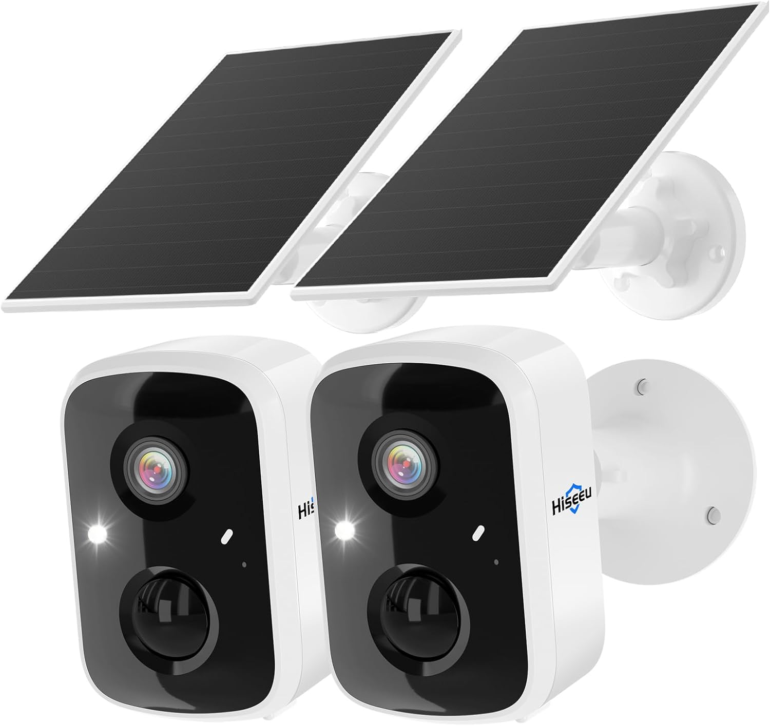 Hiseeu Cámaras de seguridad solares inalámbricas para exteriores, paquete de 2, cámaras wifi 3K 4MP para vigilancia del hogar, detección de