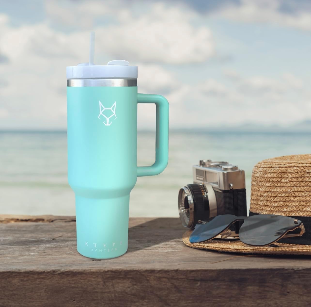 KTYPE Kanteen Vaso de acero inoxidable de 40 onzas con asa, tapa y pajita, recubierto de polvo o recubierto de goma, aislamiento al vacío de doble