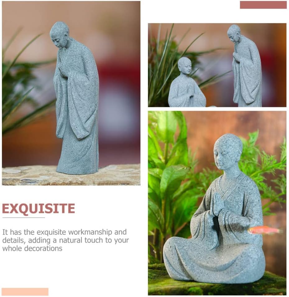 Happyyami Bonsái – 2 figuras de monje de piedra, estatuas de Buda zen, esculturas de monje de pie para paisaje al aire libre, decoración de jardín,