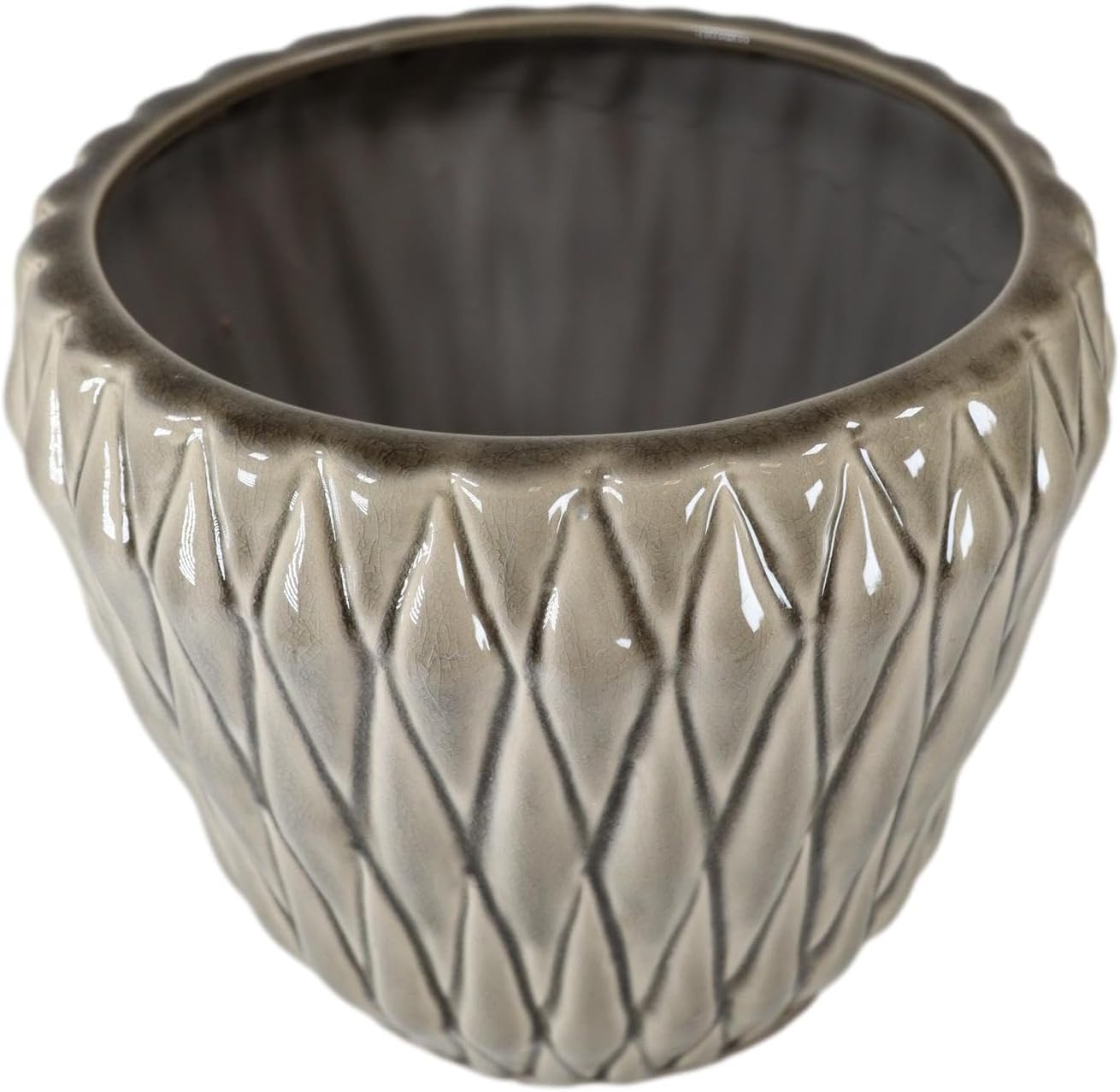 Ebros Gift Maceta de cerámica esmaltada de 8 pulgadas con diseño de cactus y dolomita con diamantes cruzados, superficie agrietada gris como repisa
