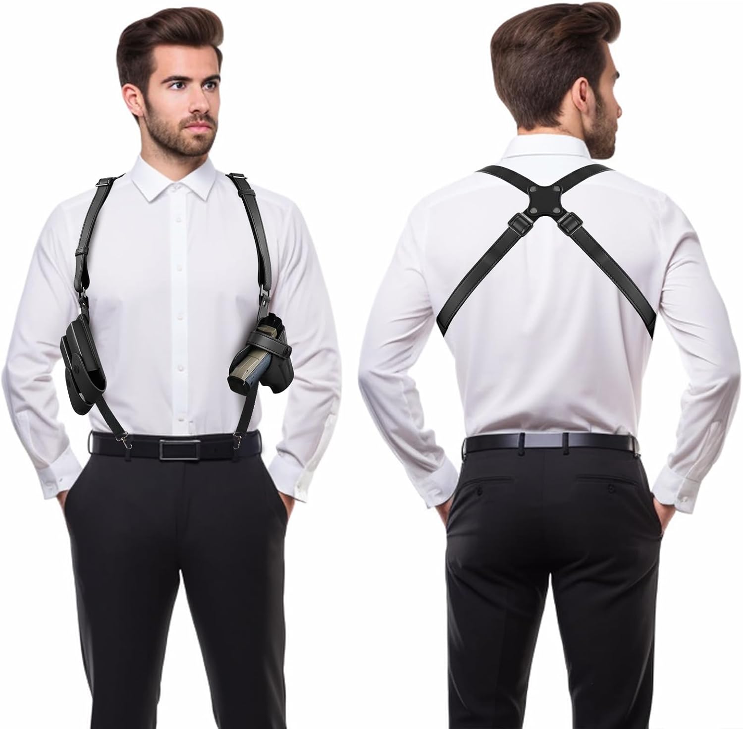 Shoulder Holster General Vertical Gun Holster Adjustable PU Leather for Concealed Carry with Double Magazine Pouch – Fit 1911 Most Kinds of Pistols