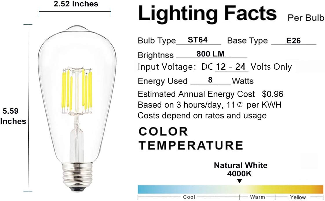 OPALRAY Bombilla LED de entrada de 12 V 24 V CC de 8 W, estilo ST21 (ST64), regulable con atenuador de 12 V CC, luz blanca neutra brillante de 4000