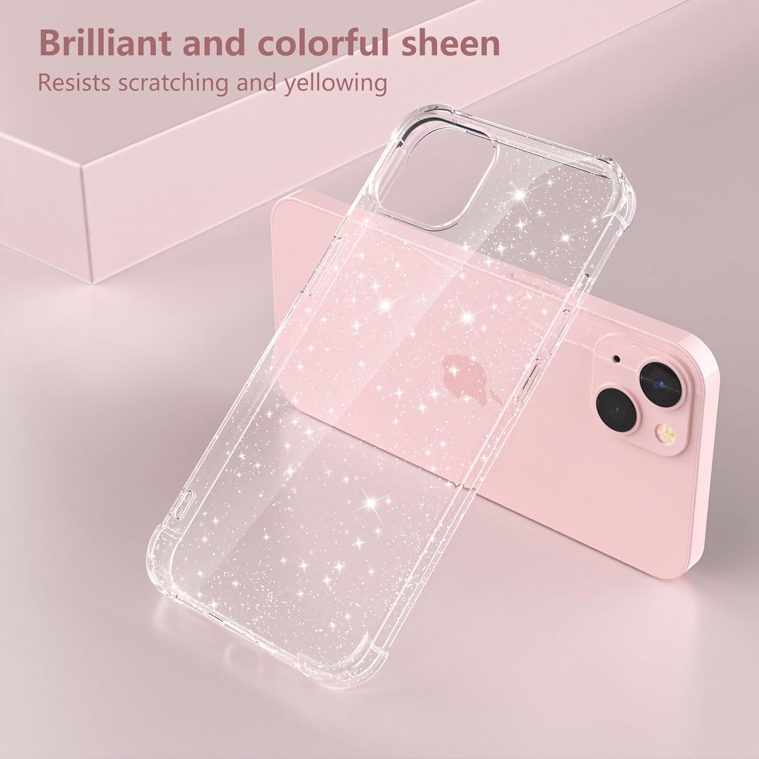 KSWOUS Funda para iPhone 15 con purpurina con 2 protectores de pantalla + 2 protectores de lente de cámara, funda transparente brillante para
