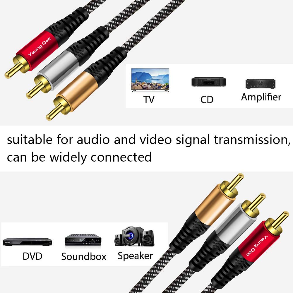 Cable RCA de audio y video de 12 pies, Yeung Qee 3RCA macho a 3RCA macho compuesto AV cable compatible con decodificador, altavoz, amplificador,