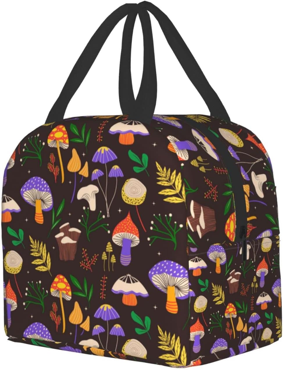 Lonchera con diseño de hongos de color, pequeña, aislada, con bolsillo frontal, estética, lonchera, congelable, para mujeres y hombres