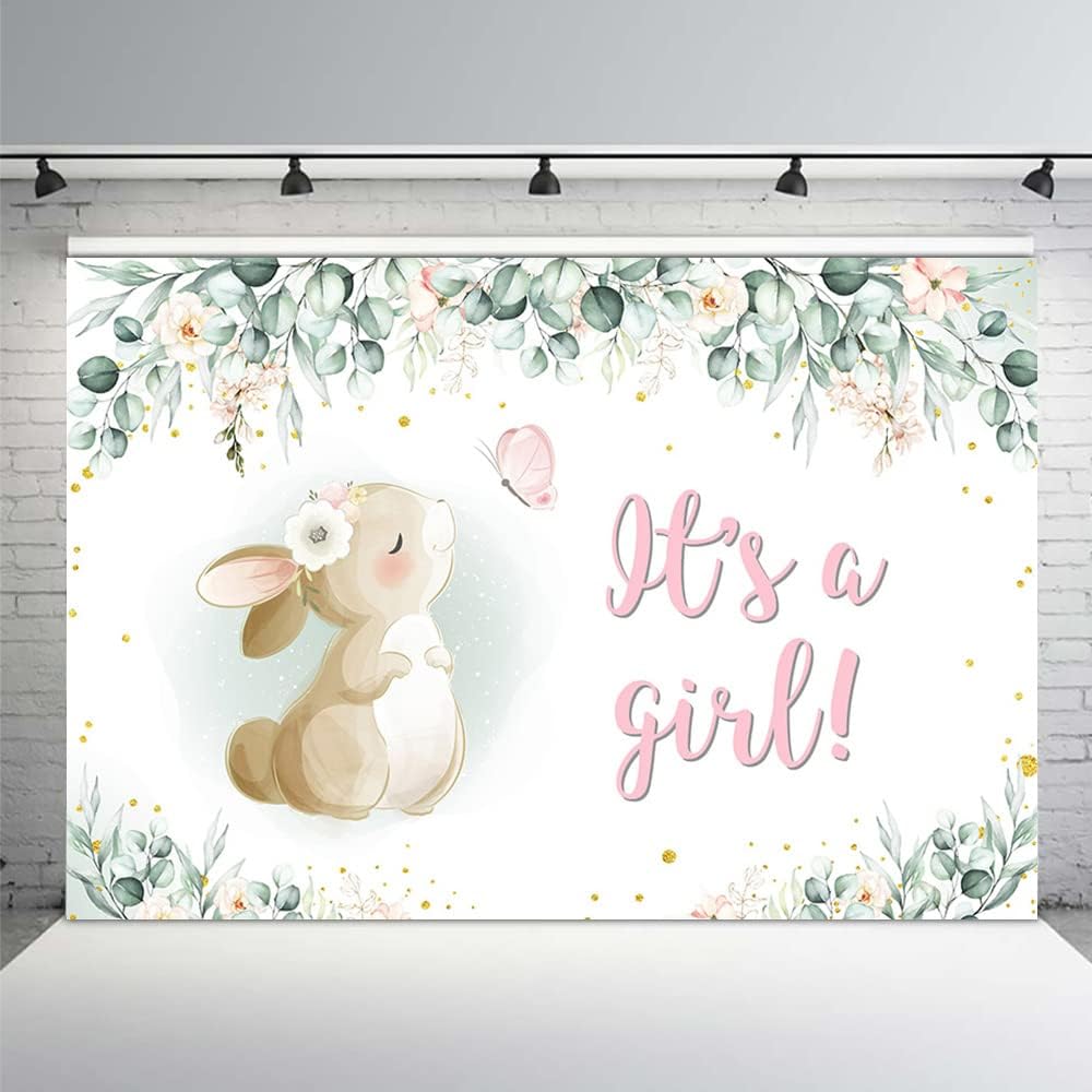 MEHOFOND Fondo para decoración de fiesta de baby shower, de 7 x 5 pies, pancarta de primavera de Pascua, rosa, floral, mariposa, conejo, hojas de