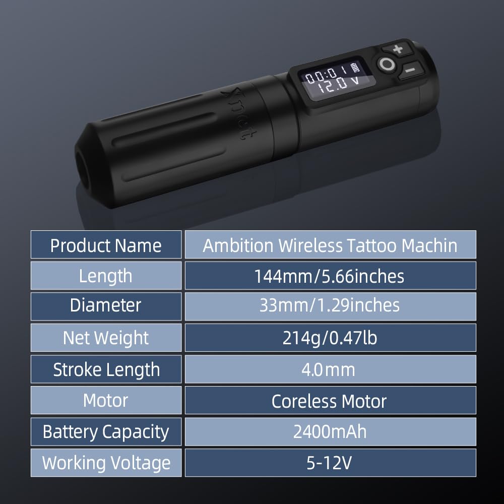 Ambition Rotary Tattoo Battery Pen Máquina de cartucho inalámbrico con fuente de alimentación de 2400 mAh Motor sin núcleo Pantalla LED digital