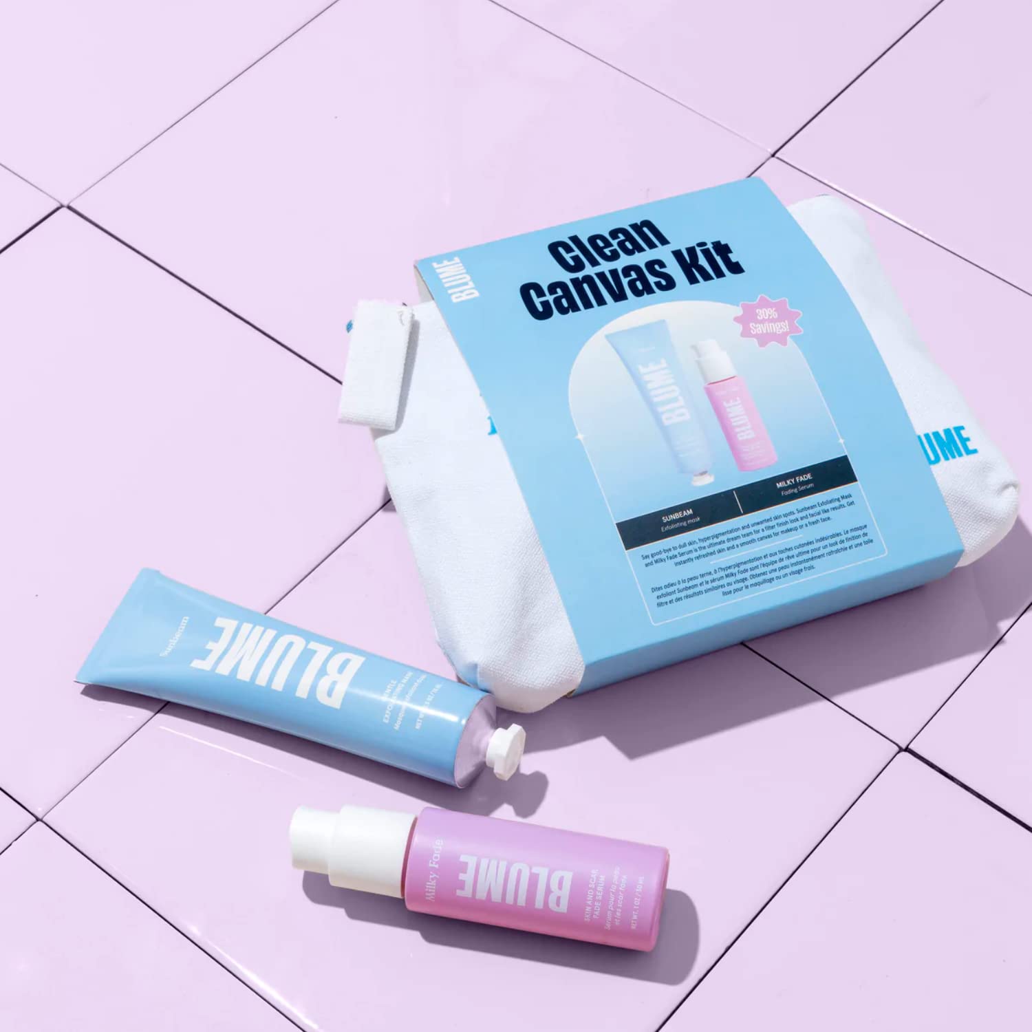 Blume Clean Canvas Kit – Juego de cuidado de la piel para pieles propensas al acné incluye máscara exfoliante de rayos solares y suero de manchas de