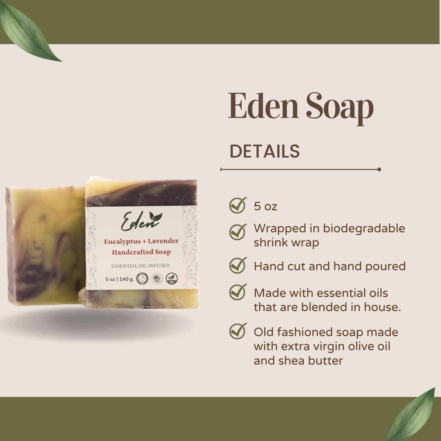 EDEN Daily Essentials – Barra de jabón natural hecha a mano – Jabón de aceite de oliva perfumado con aceites esenciales puros – 5oz