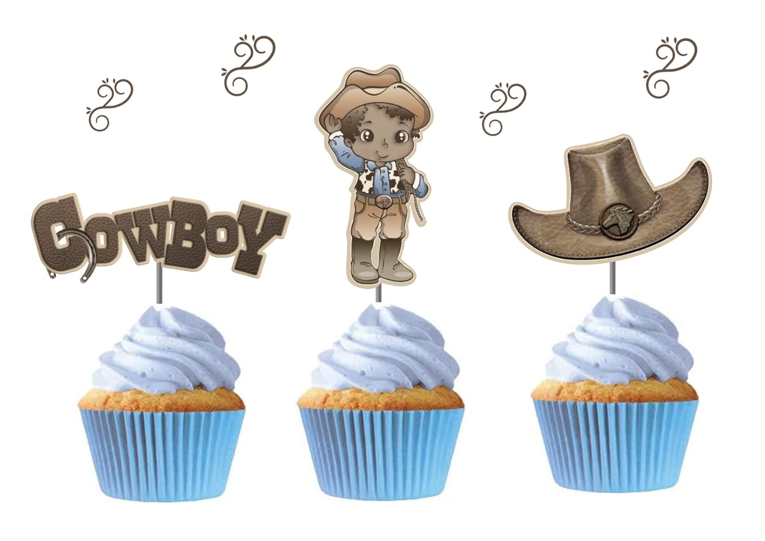 African American Cowboy Cupcake Toppers 12 pcs, Cake Picks, Birthday Decoration, Party Supplies, Western Baby Shower Themed