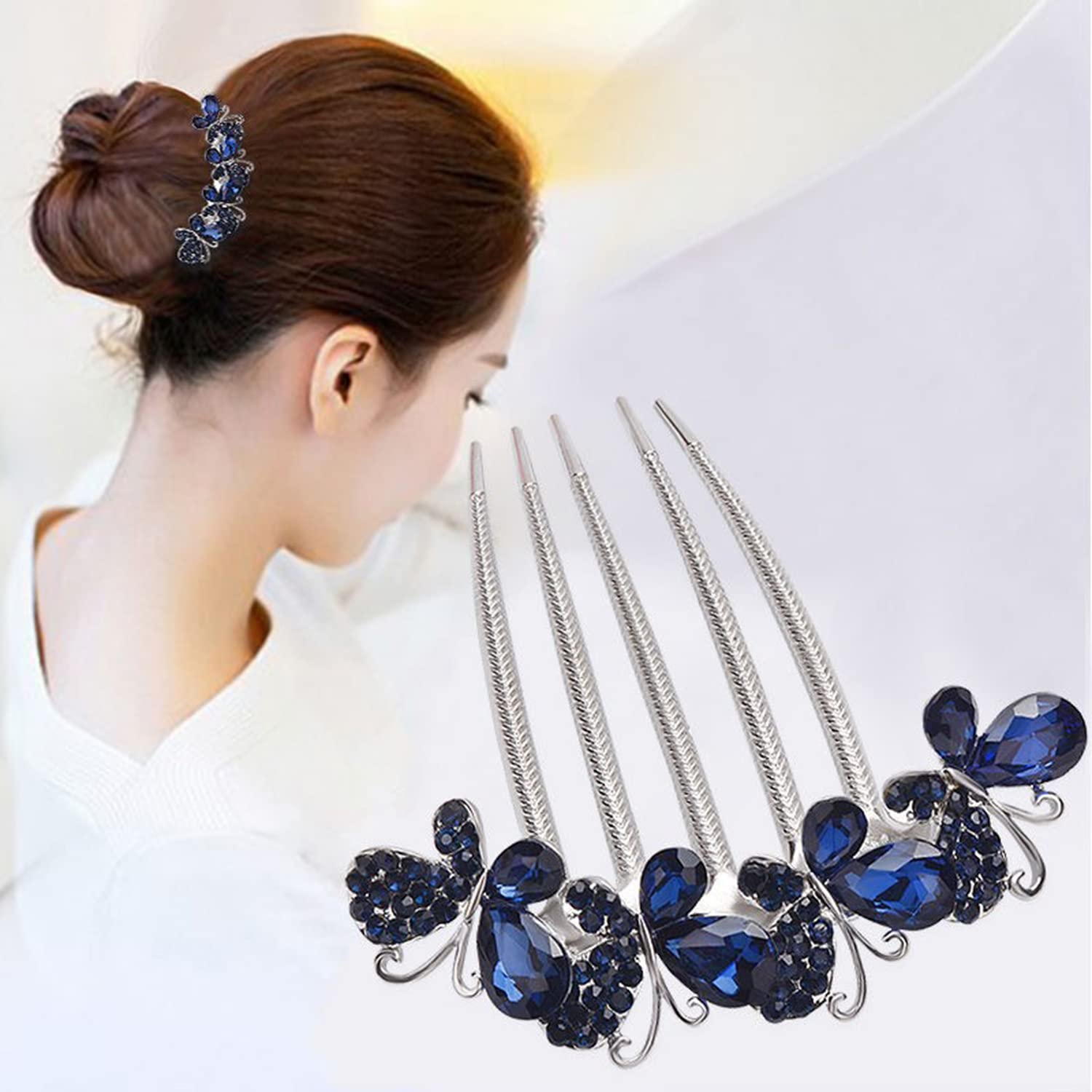 Xerling Peine de pelo con diamantes de imitación, accesorios para el cabello para mujeres, peine lateral de cristal de mariposa, pieza de pelo azul