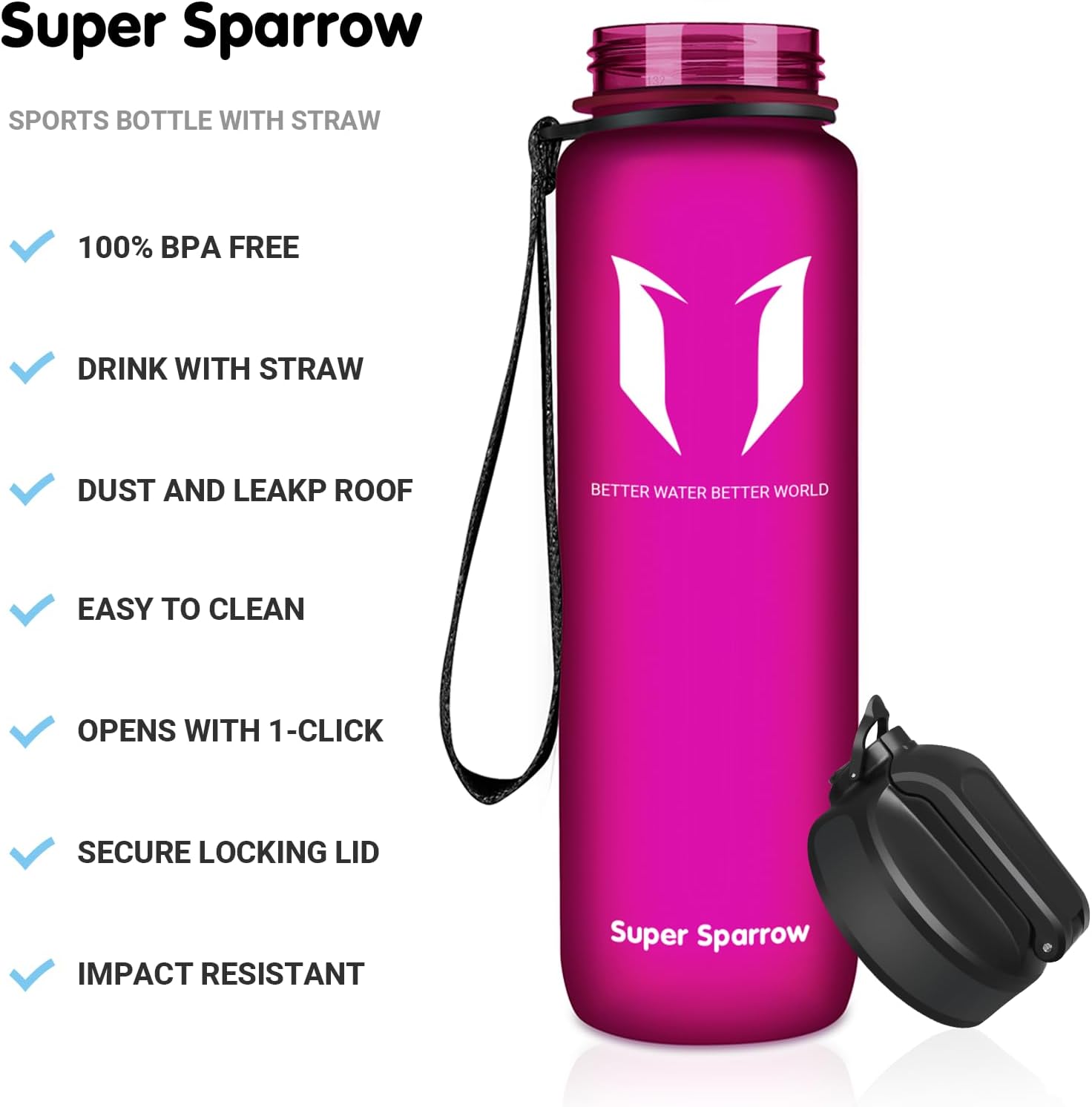 Super Sparrow Sports Water Bottle with Straw – 25 oz32 oz – Non-Toxic BPA Free & Eco-Friendly Tritan Co-Polyester Plastic Water Bottle – Leak Proof