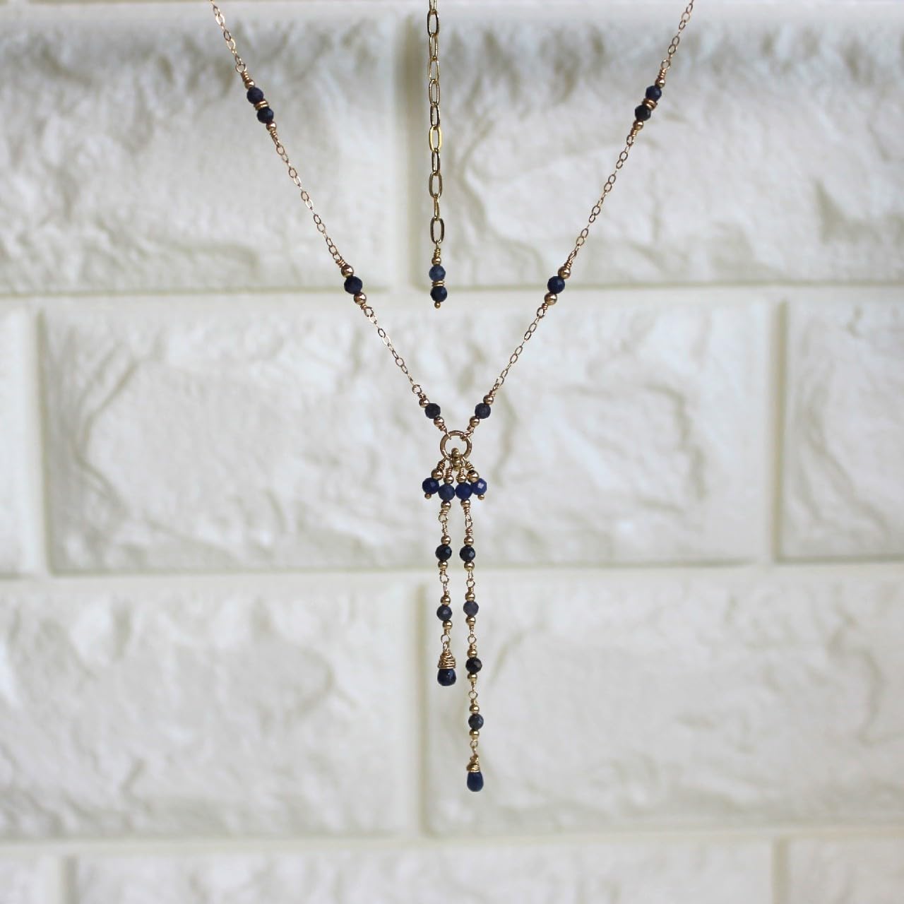 Blue Sapphire Lariat 14K Gold Filled Chain Tassel Necklace, Y Delicate Chain Necklace. Gifts for Women (17″ + 2.5″ extender, 925 sterling silver)