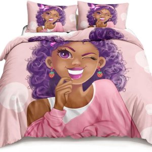 Juego de funda de edredón de color negro para niña, afroamericana, niña afroamericana, amor música, pelo morado, decoración de dormitorio de niños. Juego de funda de edredón de color negro para niña, afroamericana, niña afroamericana, amor música, pelo morado, decoración de dormitorio de niños.