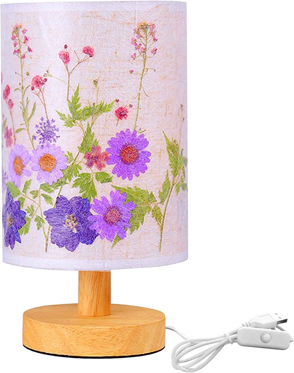 Lámpara de mesa de flores con base de madera, lámpara de mesa con pantalla de lino, lámparas pequeñas para mesita de noche, dormitorio, sala de