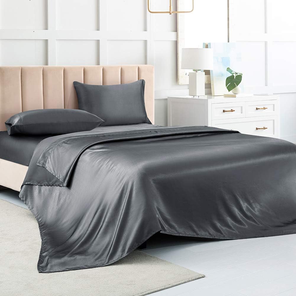 Juego de sábanas de satén de tamaño matrimonial, sábanas de seda gris, juego de ropa de cama suave de 4 piezas con 1 sábana bajera de bolsillo