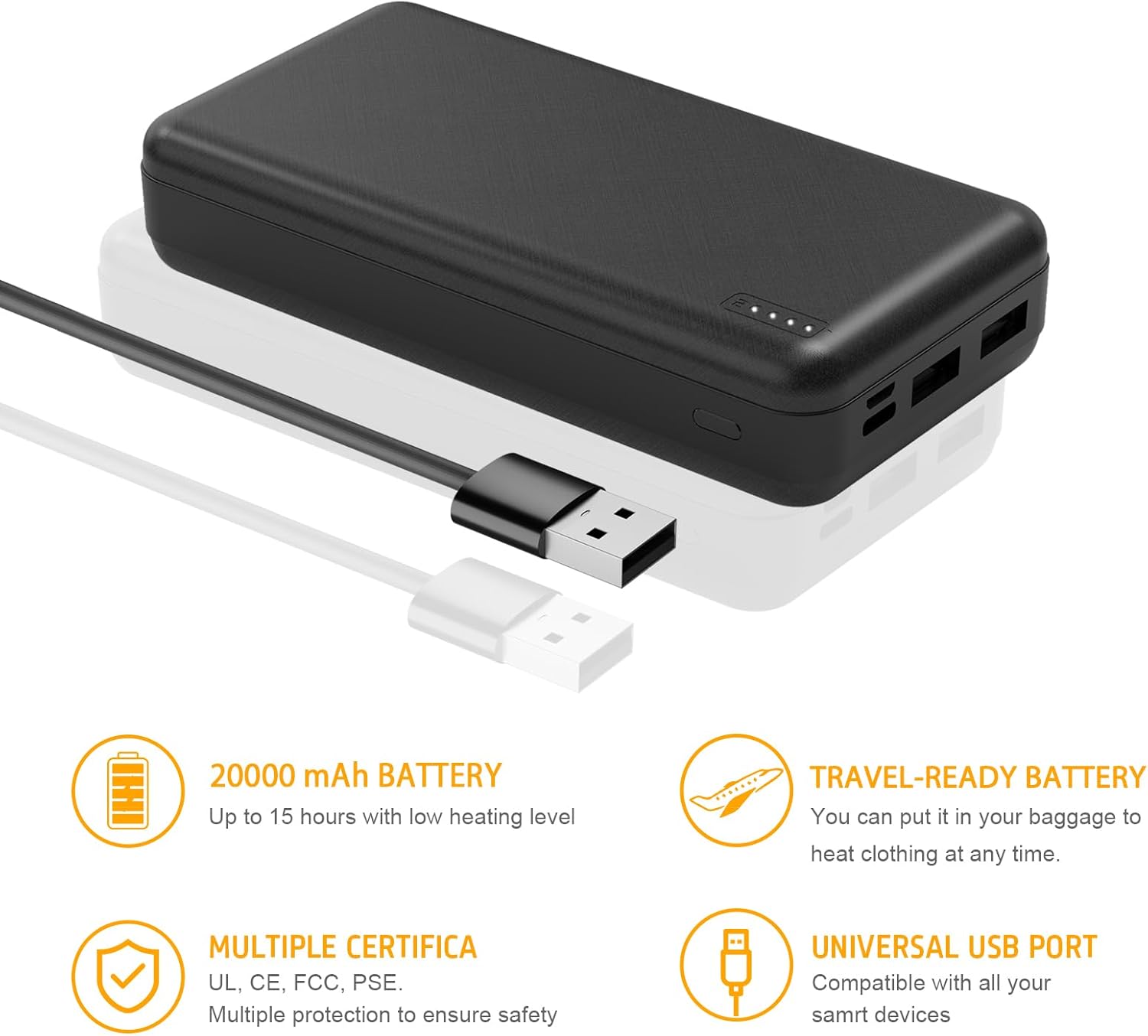 Paquete de batería 5V2A de 20000 mAh para chaleco calentado, chaqueta calentada, banco de energía para calefacción, chalecos eléctricos, chaquetas,
