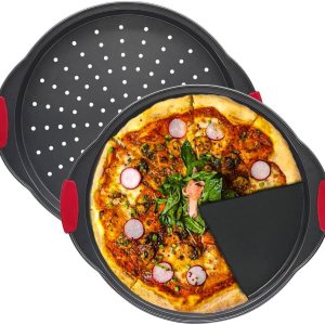 VDGPWA Bandeja de pizza antiadherente de 12 pulgadas, con mango de silicona, acero al carbono sin agujero y con agujero, bandeja para pizza, bandeja VDGPWA Bandeja de pizza antiadherente de 12 pulgadas, con mango de silicona, acero al carbono sin agujero y con agujero, bandeja para pizza, bandeja