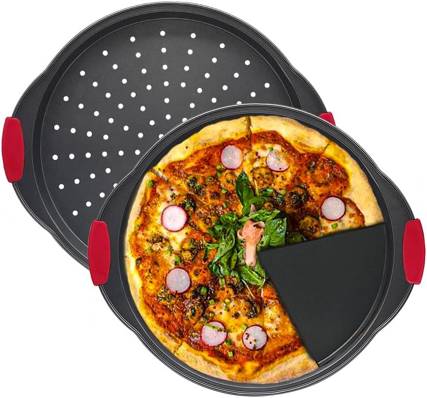 VDGPWA Bandeja de pizza antiadherente de 12 pulgadas, con mango de silicona, acero al carbono sin agujero y con agujero, bandeja para pizza, bandeja