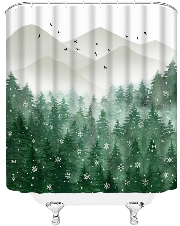 Cortina de ducha de bosque brumoso, pino, acuarela, abstracta, niebla, montaña, verde, vegetal, rústico, misterioso, naturaleza, paisaje, decoración