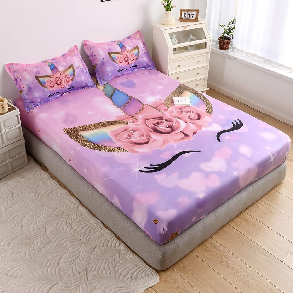 qjmiaofang Juego de sábanas de unicornio tamaño individual, juego de sábanas bajeras de unicornio rosa de 2 piezas para niños y niñas, juego de