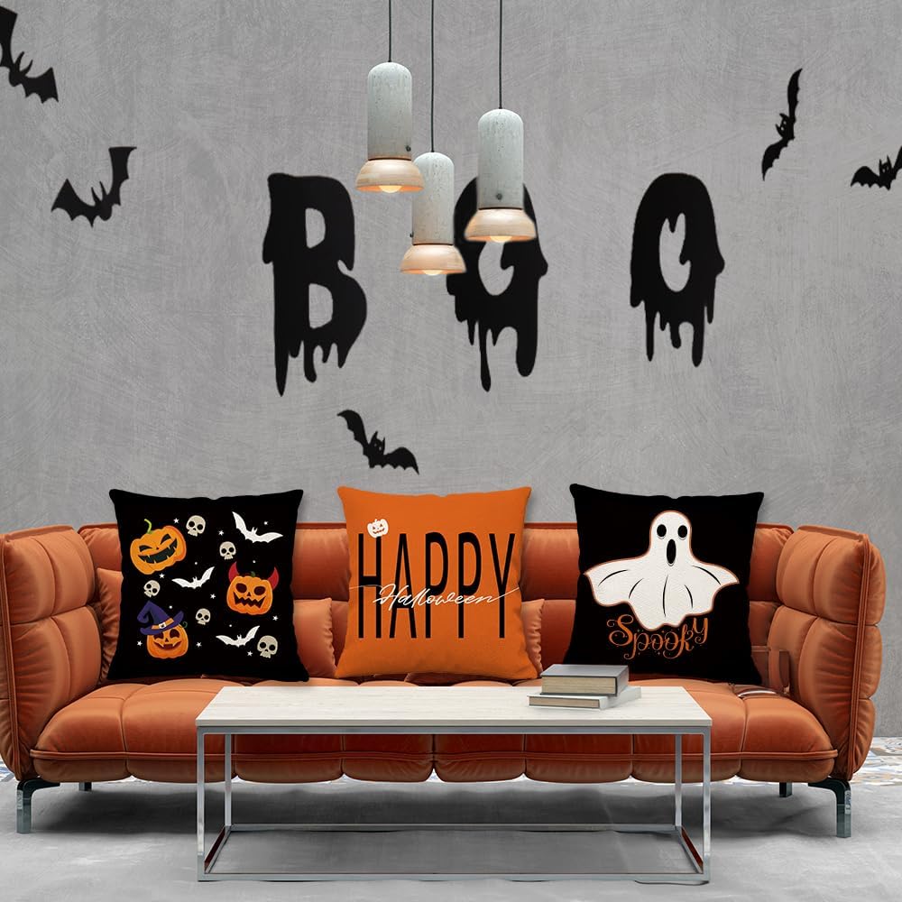BOFKYIC Juego de 4 fundas de almohada de 18 x 18 pulgadas con texto en inglés Happy Halloween con texto en inglés Truco o trato con diseño de