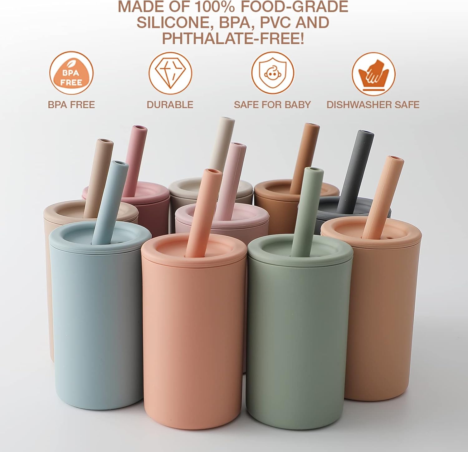 Vaso con popote para niños pequeños, taza de entrenamiento de silicona de grado alimenticio para bebé, viene con cepillo para pajilla, sin BPA, 7