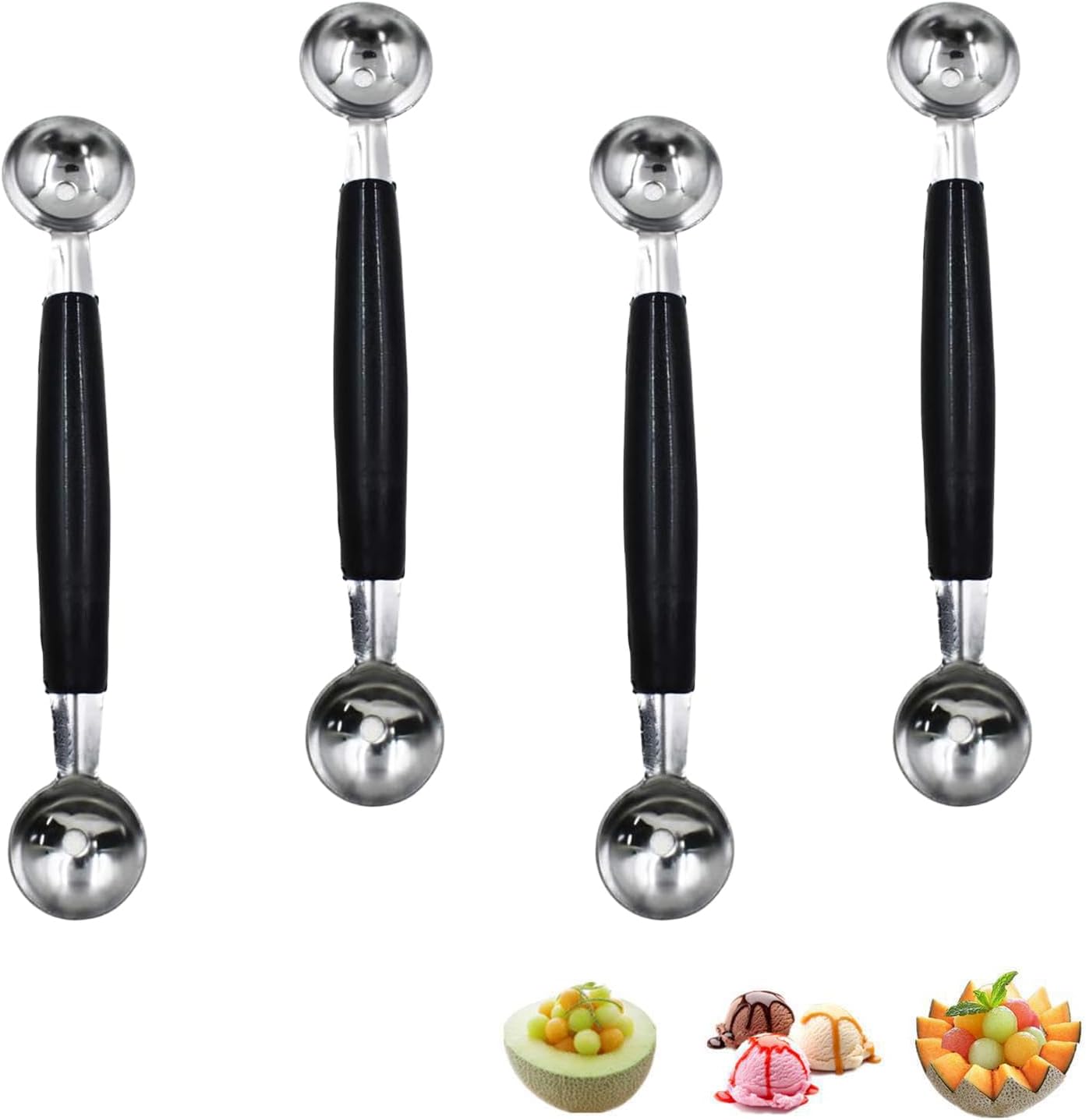 Paquete de 4 cucharas de bola de helado de fruta de doble extremo, bola de melón de acero inoxidable 430, bolas de melón redondas lisas para sandía,