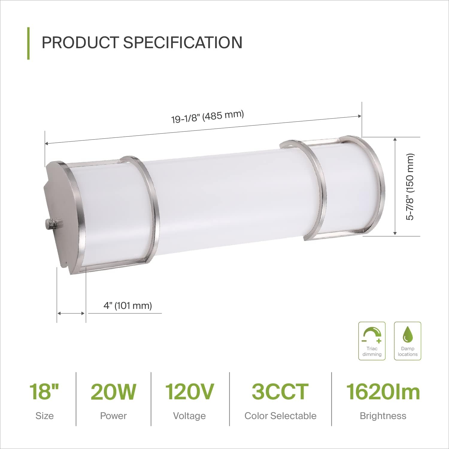ASD Lámpara LED de montaje empotrado de 18 pulgadas, interruptor de 20 W, 120 V, 1650 lúmenes, 3000 K4000 K5000 K, regulable, no parpadea, Energy