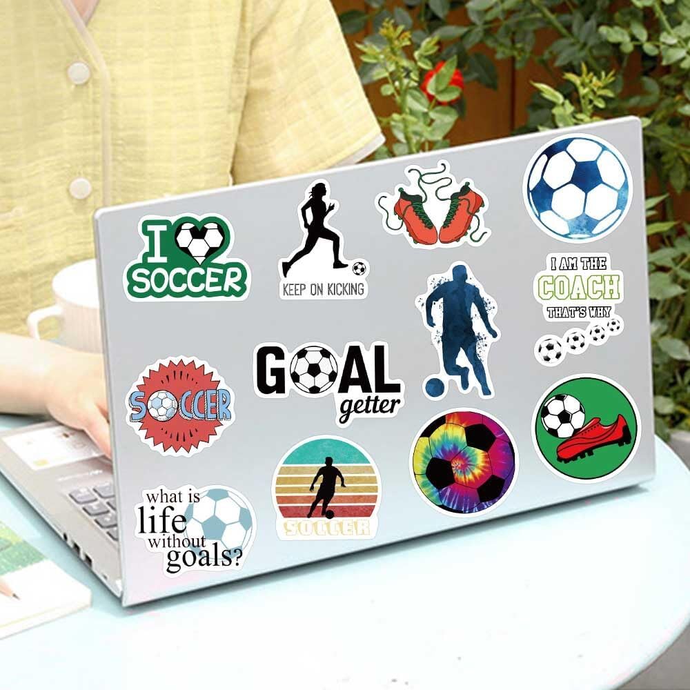 Calcomanías de fútbol para botellas de agua, calcomanías de fútbol I Love para niños, adolescentes, adultos, 50 calcomanías de vinilo impermeables