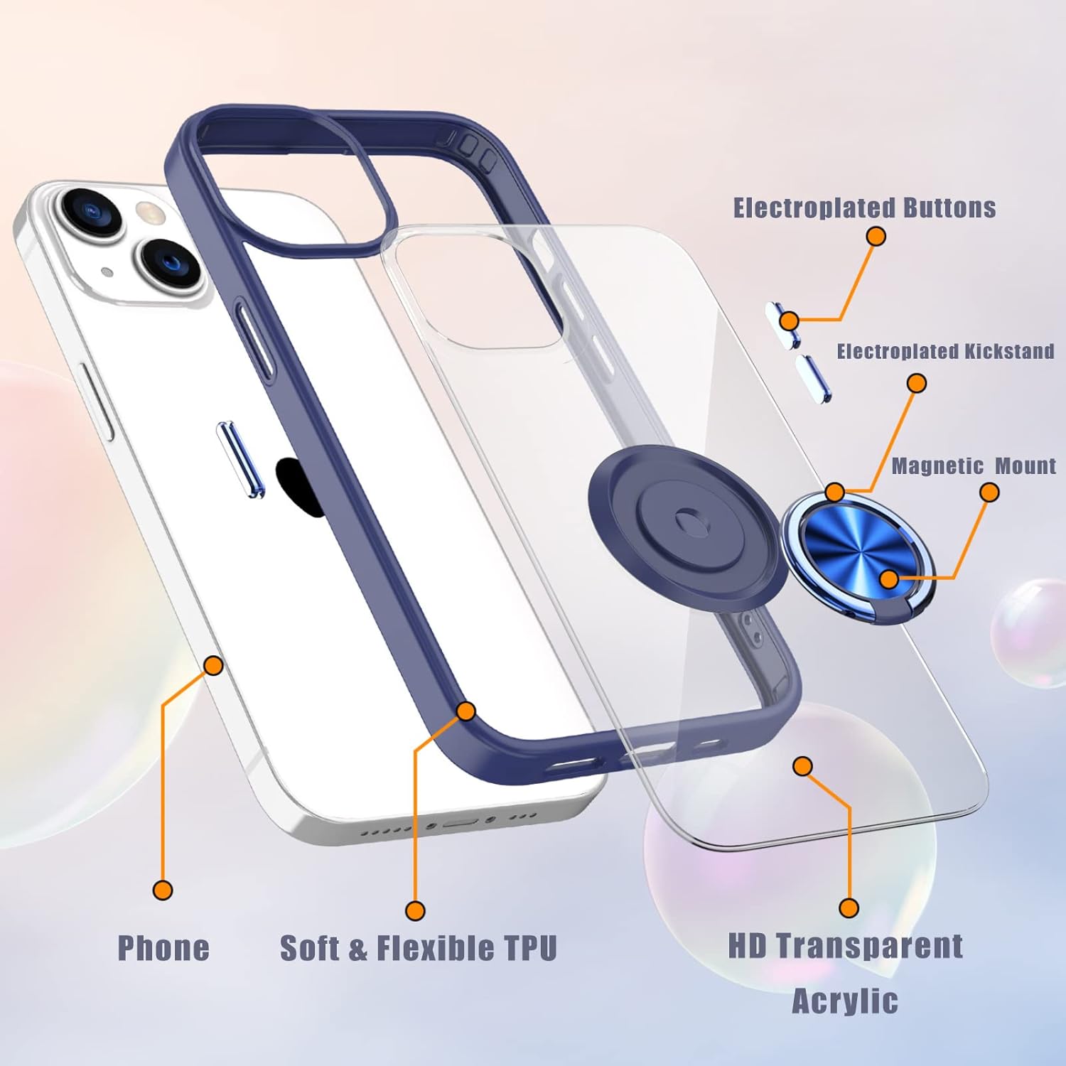aowner Funda transparente para iPhone 14 Pro con soporte de anillo, soporte magnético de 360 giratorio para automóvil, bordes galvanizados que no se