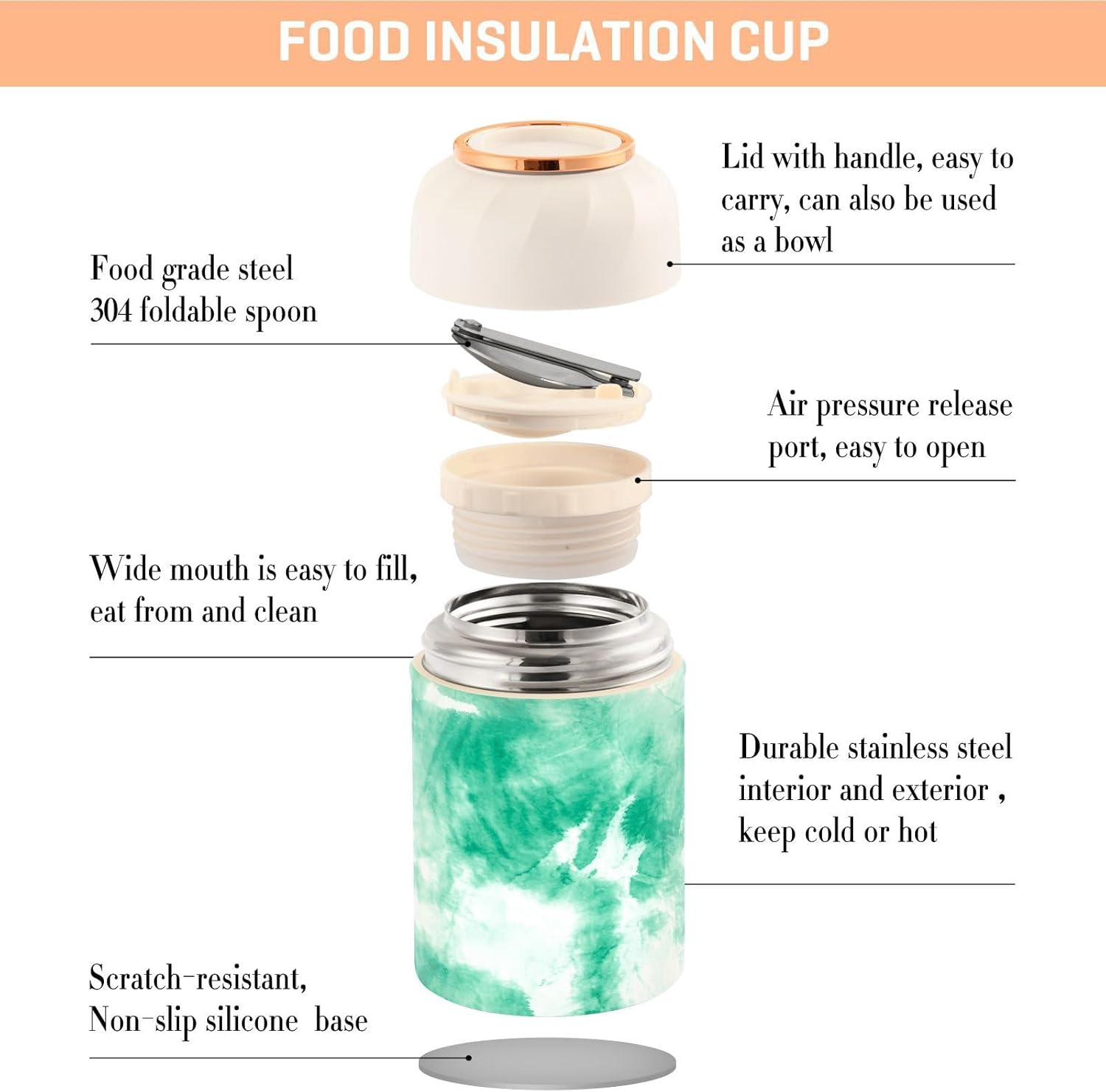 Tarro de comida verde Tie Dye con cuchara de acero inoxidable aislado al vacío contenedor de alimentos de 17 oz termo de alimentos para alimentos