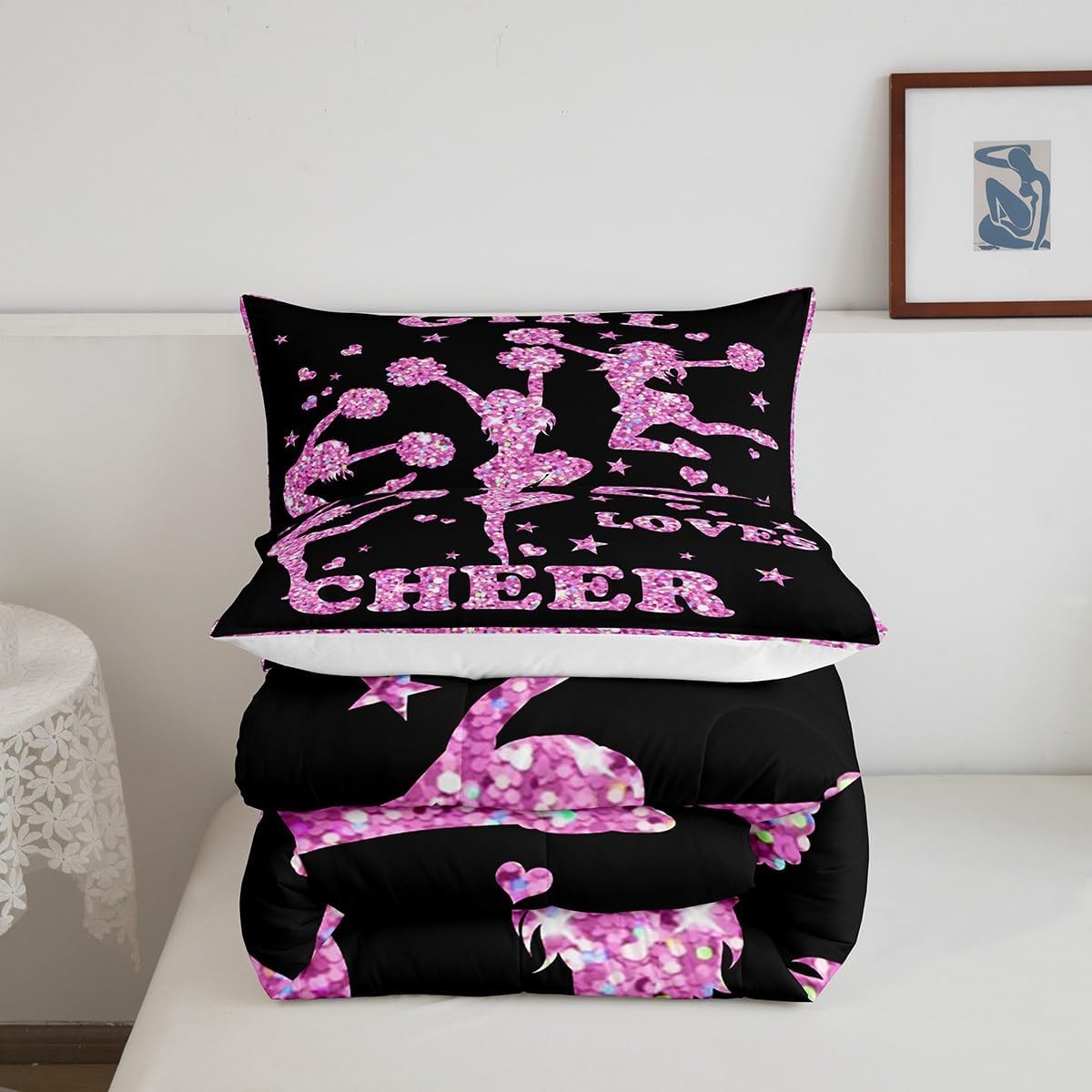 Feelyou Juego de edredón de animadoras para niñas, juego de ropa de cama para hija y niña, decoración con purpurina rosa, juego de edredón de