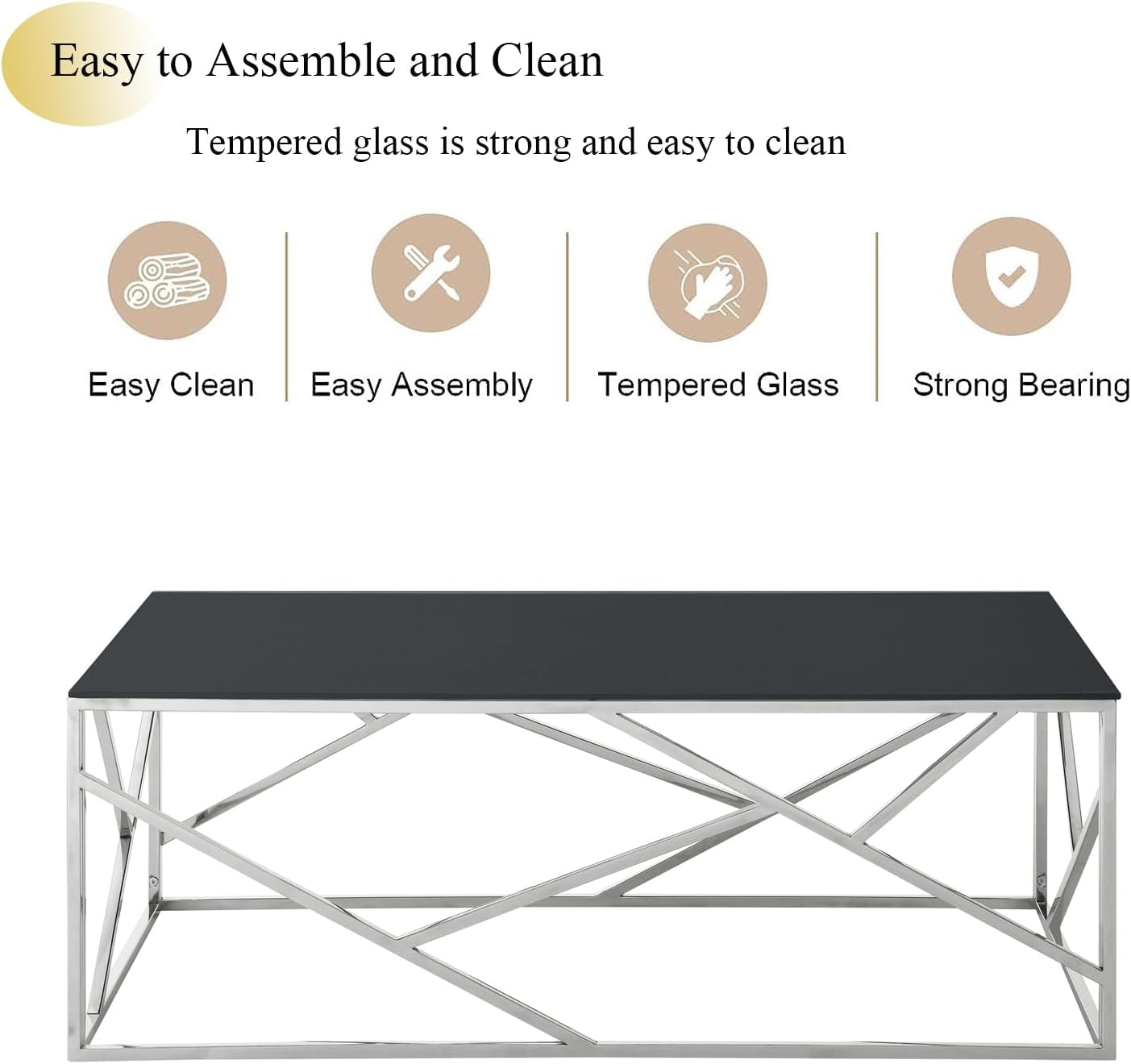 WOKER FURNITURE Mesa de centro de cristal negro con marco de acero inoxidable plateado, mesa de centro rectangular moderna con vidrio templado negro