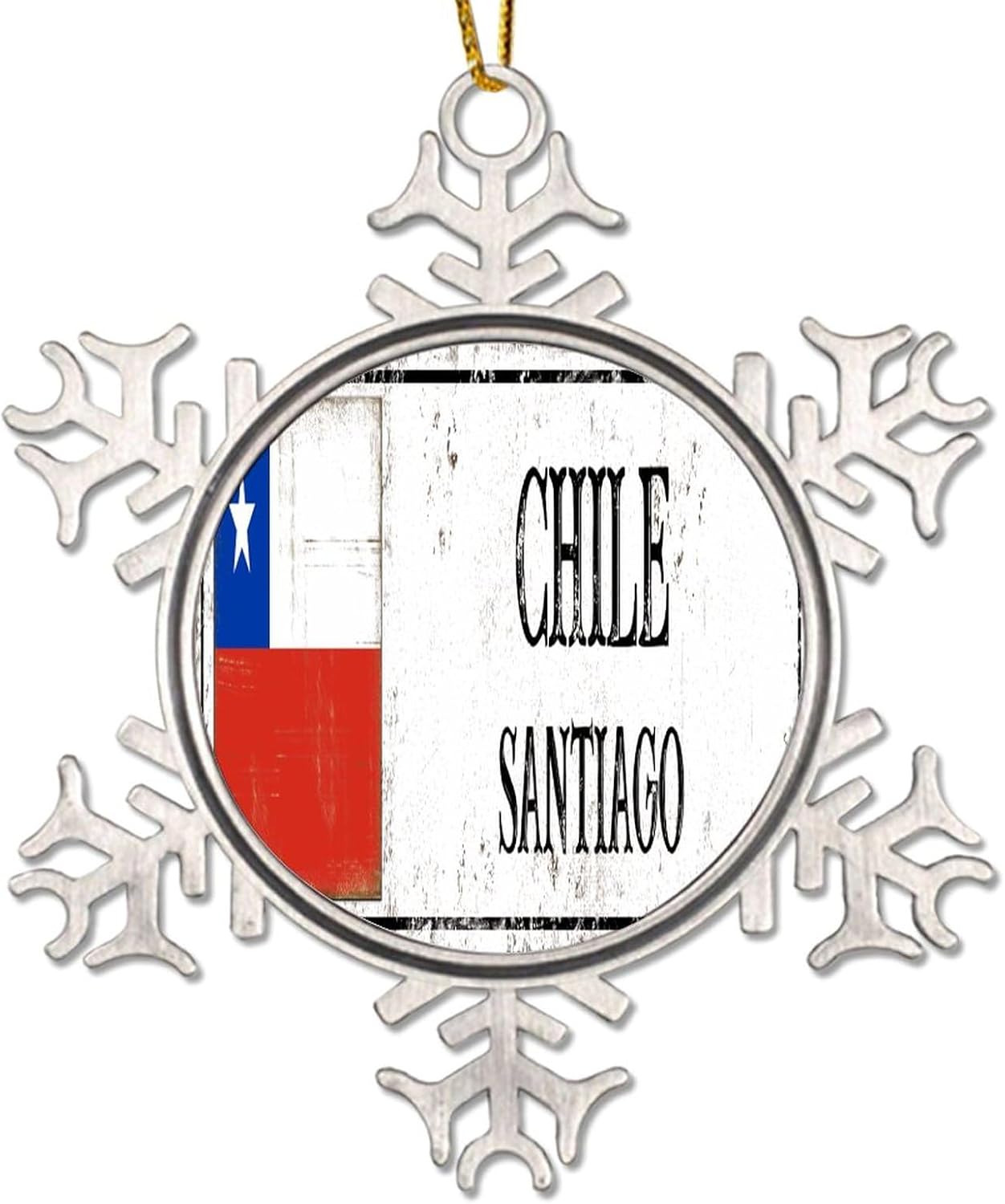 CowkissSign Chile – Adorno de Navidad de copo de nieve de metal, decoración de árbol de Santiago, adorno colgante de Navidad, recuerdo de la ciudad,