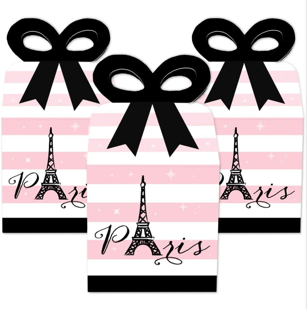 Big Dot of Happiness París, Ooh La La – Cajas de regalo cuadradas para baby shower o fiesta de cumpleaños – Juego de 12 cajas de lazo con temática