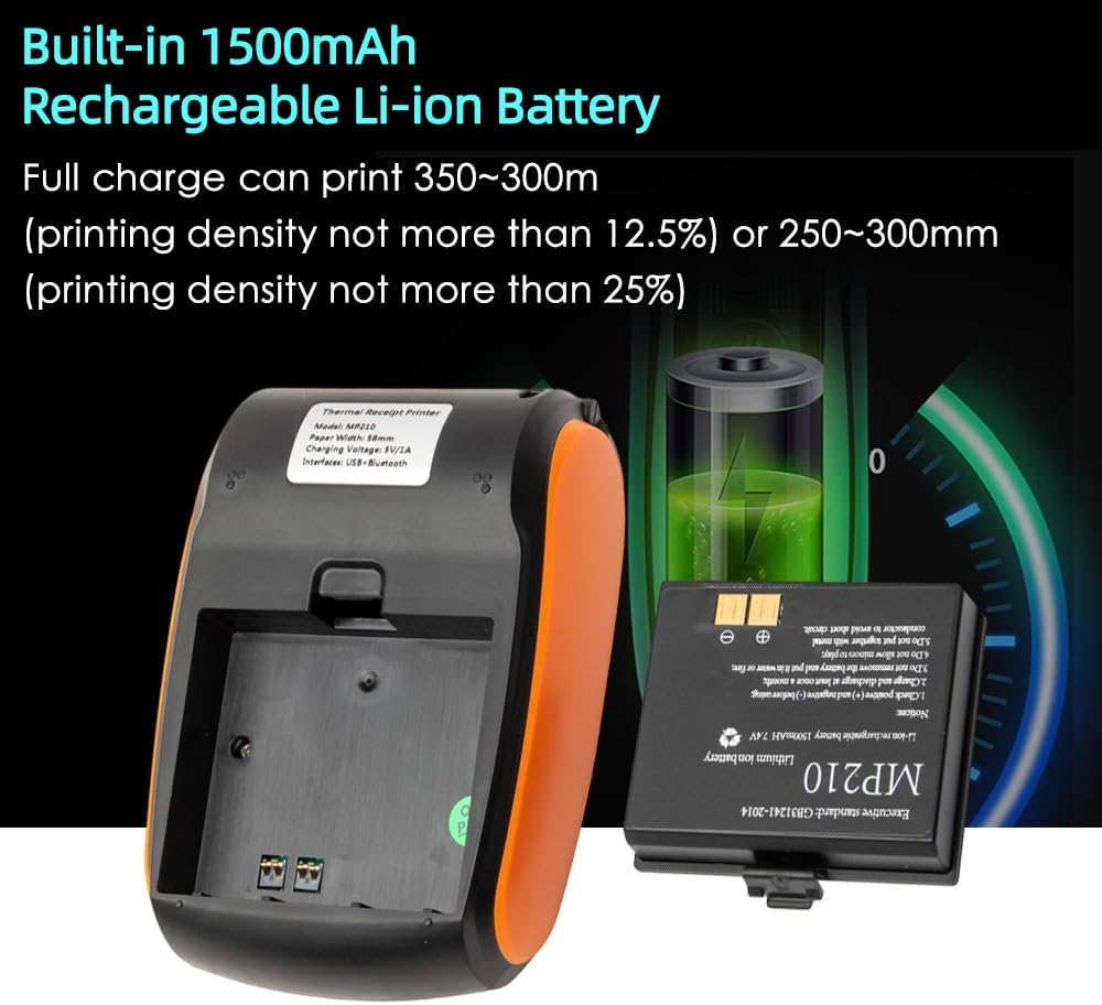 Impresora portátil de recibos, mini impresión térmica de 2.283 in, impresora móvil inalámbrica BT USB con rollo de papel térmico de 2 pulgadas,