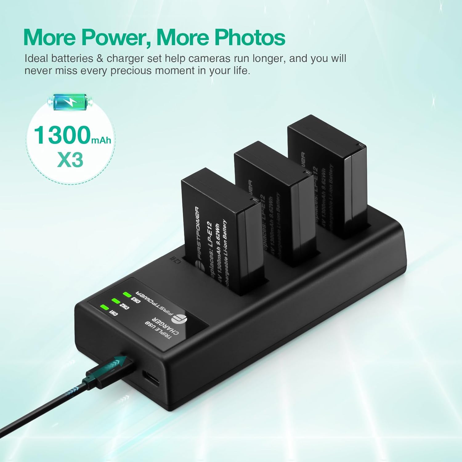 FirstPower LP-E12 – Paquete de 3 baterías y cargador de triple ranura para cámaras digitales Canon EOS M50, M50 Mark II, M, M2, M10, M100, M200,