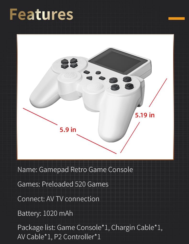 8-bit 520 en 1 Classic Retro Games Handheld Gamepad Game Console – Pantalla de 2.5 pulgadas recargable AV TV Out (blanco)