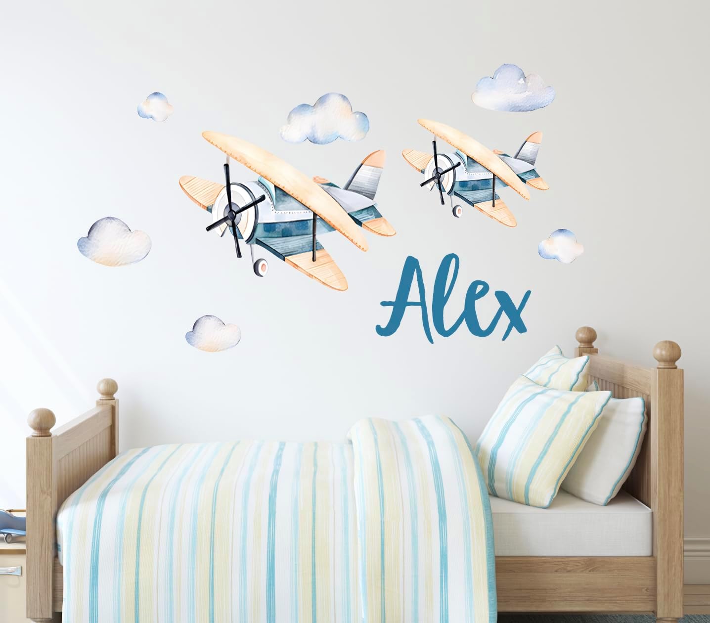 Calcomanías de pared personalizadas con nombre de avión vintage para niños, calcomanías de pared de acuarela de aviones con nubes, calcomanías de