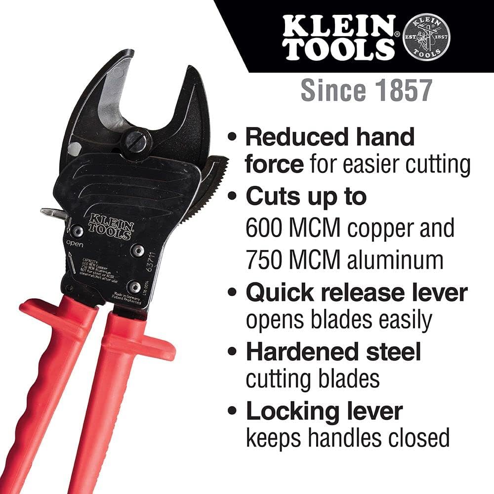 Klein Tools 63711 Cortador de cable de alambre con mordazas de carga frontal abierta corta cobre 600 MCM, aluminio 750 MCM