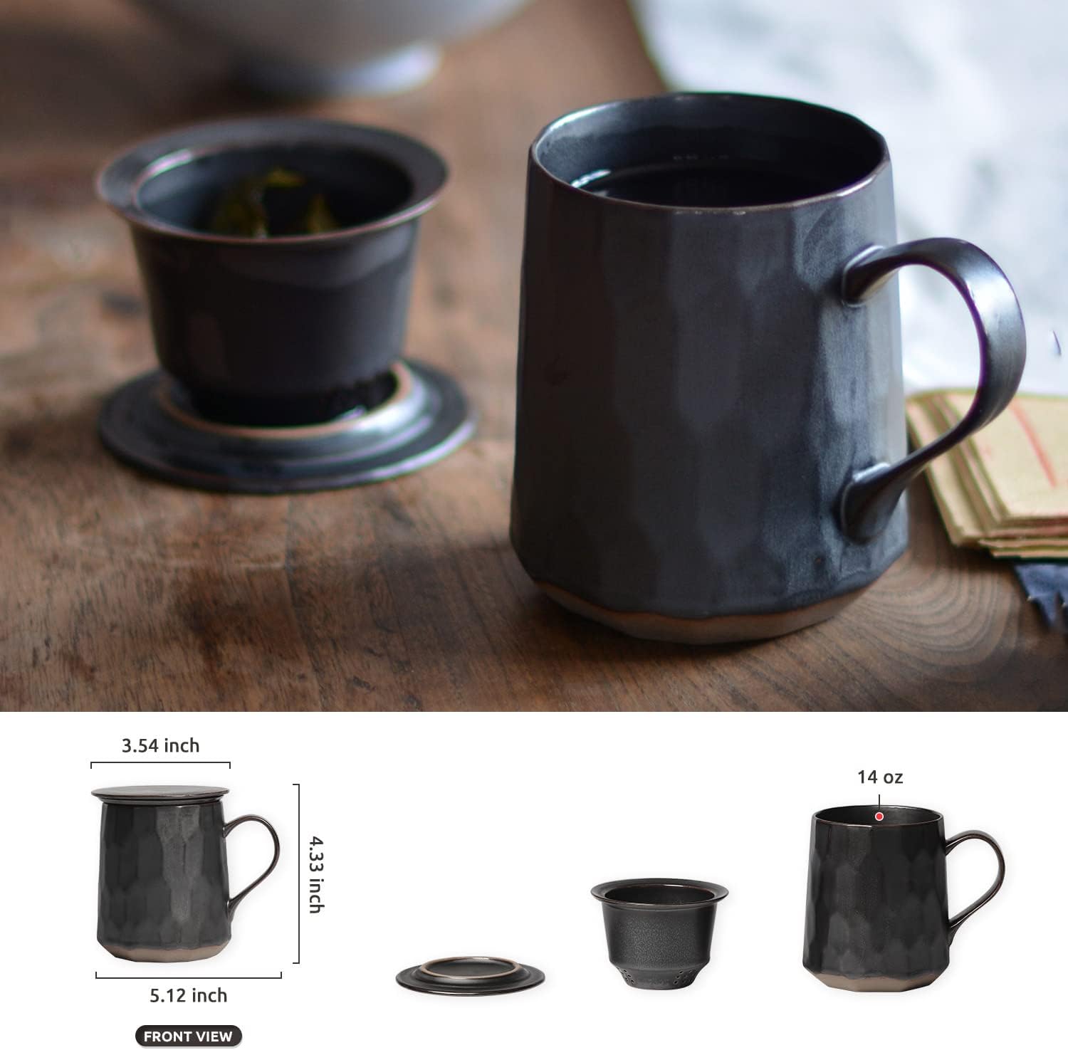 globe faith Taza de té de cerámica con infusor y tapa, taza de té de infusión de hojas sueltas de gres y filtro de cesta para el hogar, oficina o