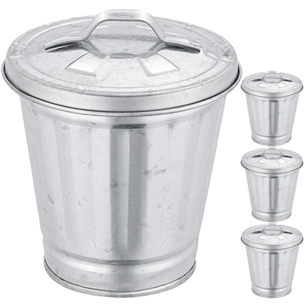 Alipis 4 cubos de basura galvanizados con tapa, mini papelera de encimera, pequeños cubos de metal, cubo de basura, maceta, soporte para bolígrafo