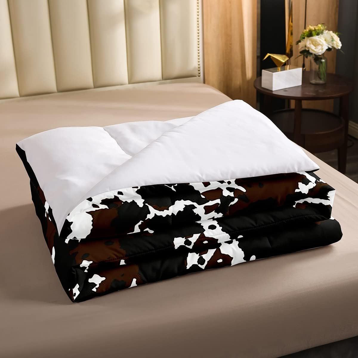 Juego de ropa de cama de piel de vaca, tamaño Queen, bonito juego de edredón con estampado de vaca rústica de piel de animal para niños,