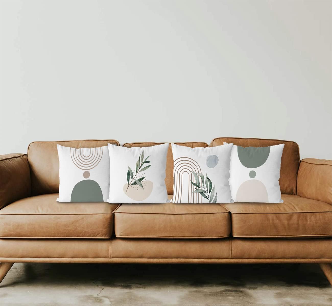 KEUSPI Fundas de almohada abstractas bohemias de color beige y verde con líneas geométricas y hojas botánicas de arcoíris, juego de 4 fundas de