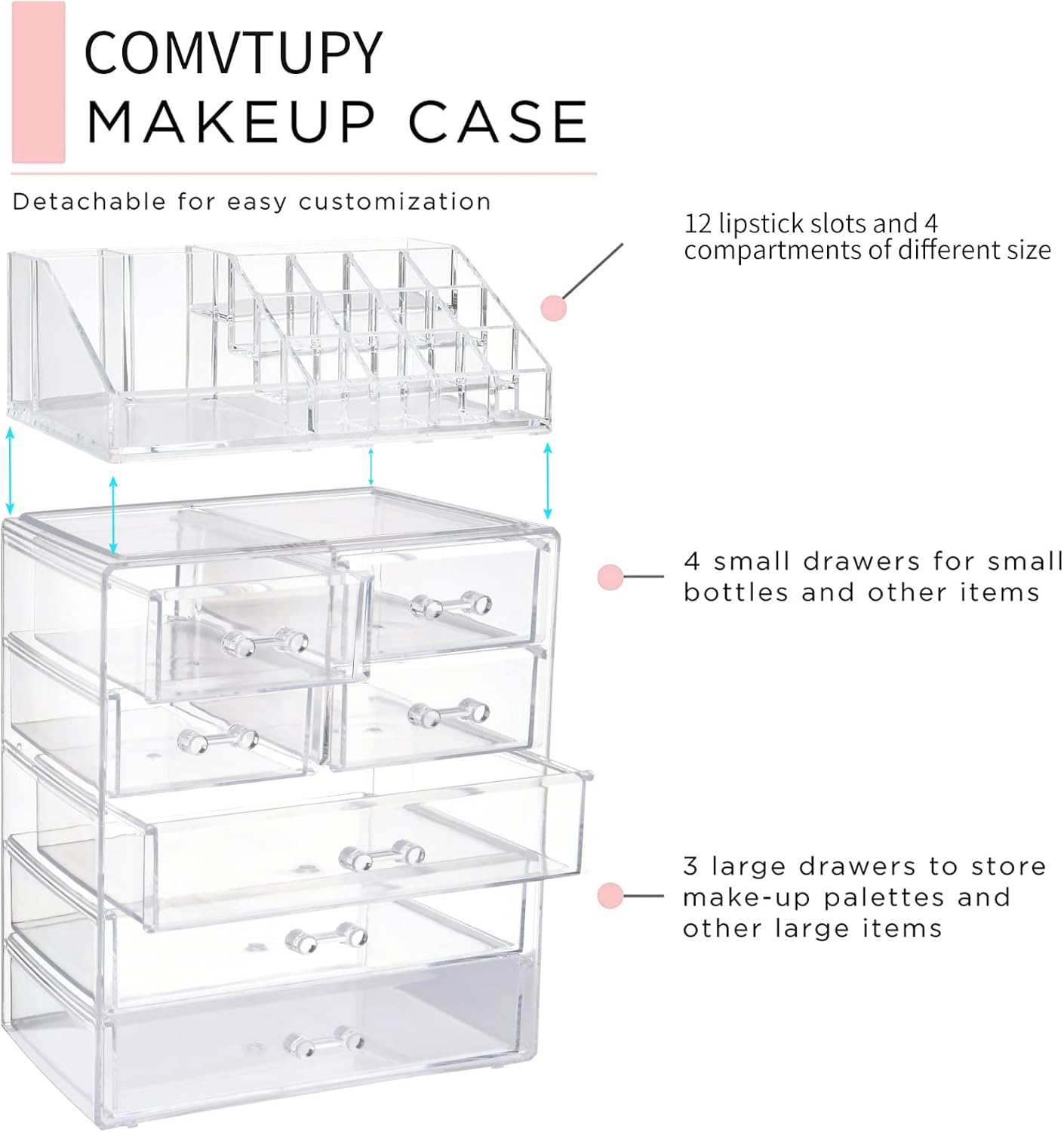 Organizador de maquillaje transparente con soporte para pinceles, gran exhibición de cosméticos de acrílico y organizador de maquillaje y