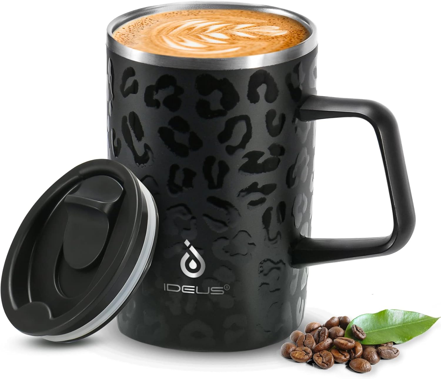 Ideus Taza de café aislada al vacío, reutilizable, de acero inoxidable, de doble pared, de 16 onzas, con asa y tapa deslizante para bebidas