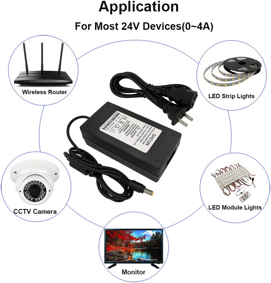 YUNBO Adaptador de fuente de alimentación de 24V 4A, CA 110-240V a DC 24V 96W Transformadores para luces de tira LED Cámara CCTV Router inalámbrico