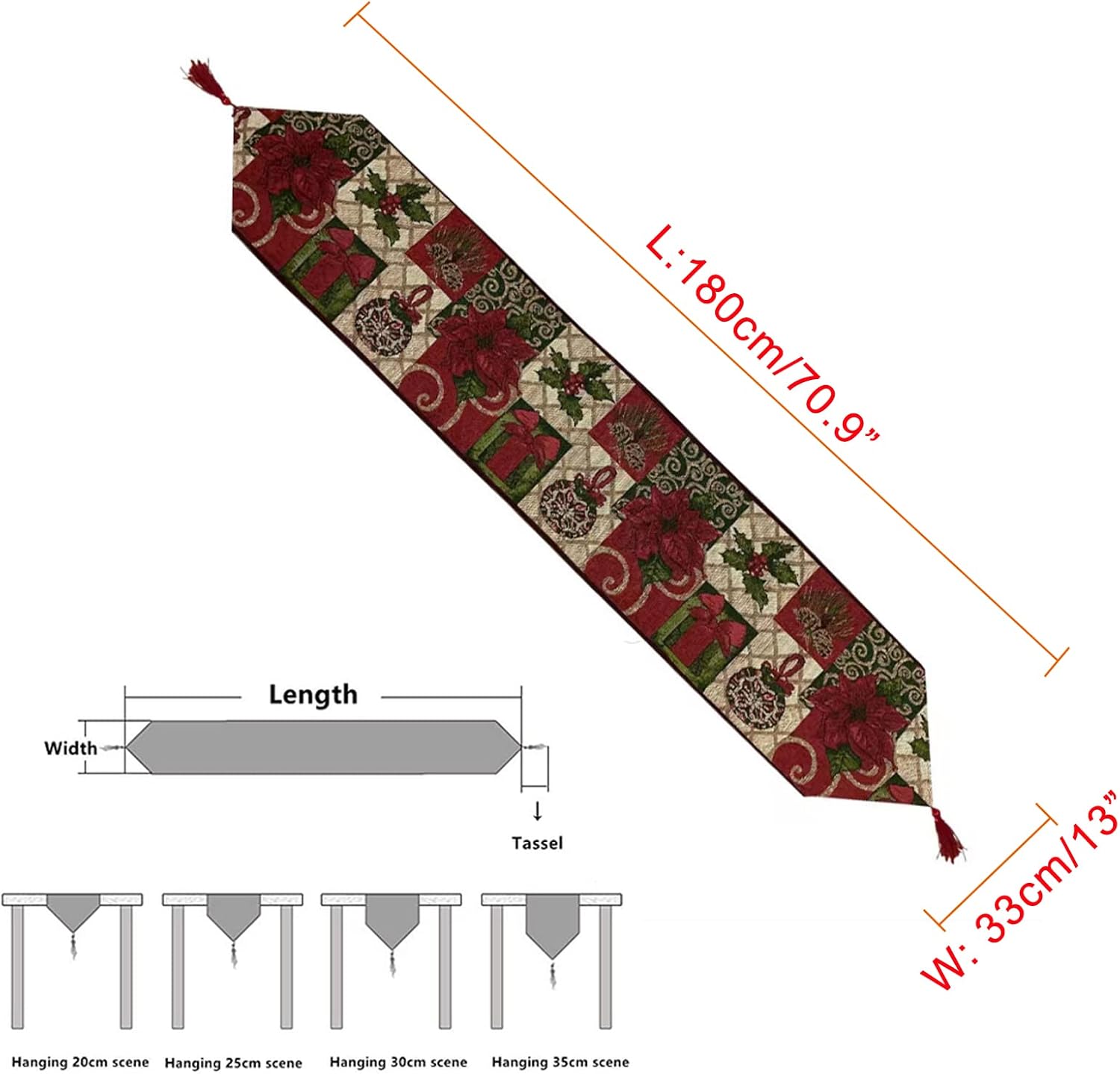 Camino de mesa de Navidad con borla de 72 x 13 pulgadas, mesa de comedor de cocina, mantel de mesa de café para exteriores e interiores, decoración